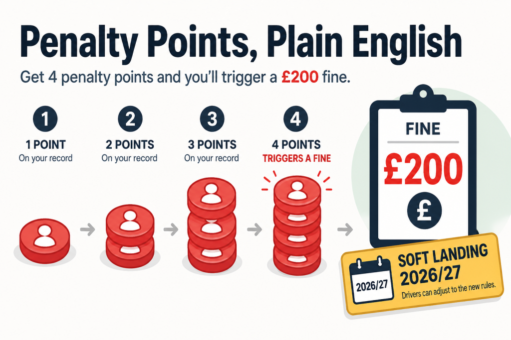 HMRC MTD for Income Tax penalty points system showing four points triggering a £200 fine with 2026 to 2027 soft landing year