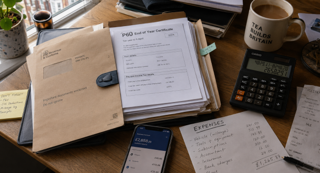 Wooden desk with HMRC envelopes, P60 form, calculator and tea showing tax return paperwork in the UK