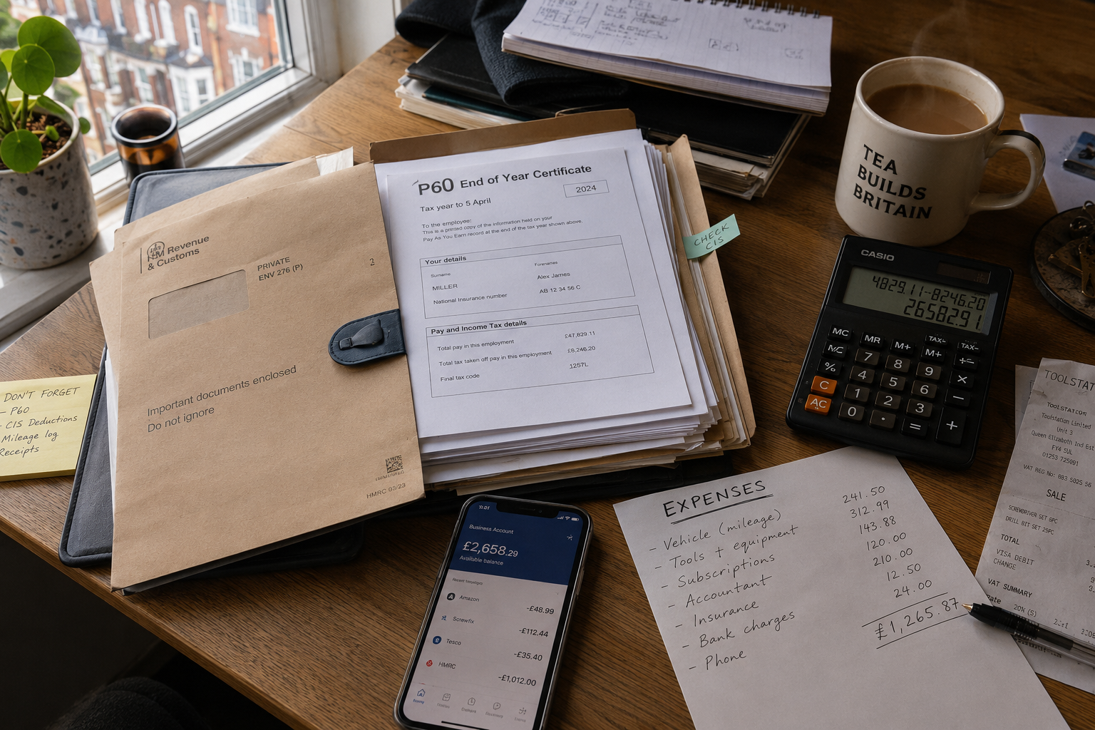 Wooden desk with HMRC envelopes, P60 form, calculator and tea showing tax return paperwork in the UK