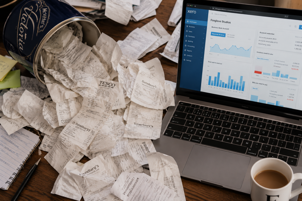 Pile of paper receipts next to laptop showing cloud accounting software for UK Self Assessment expenses
