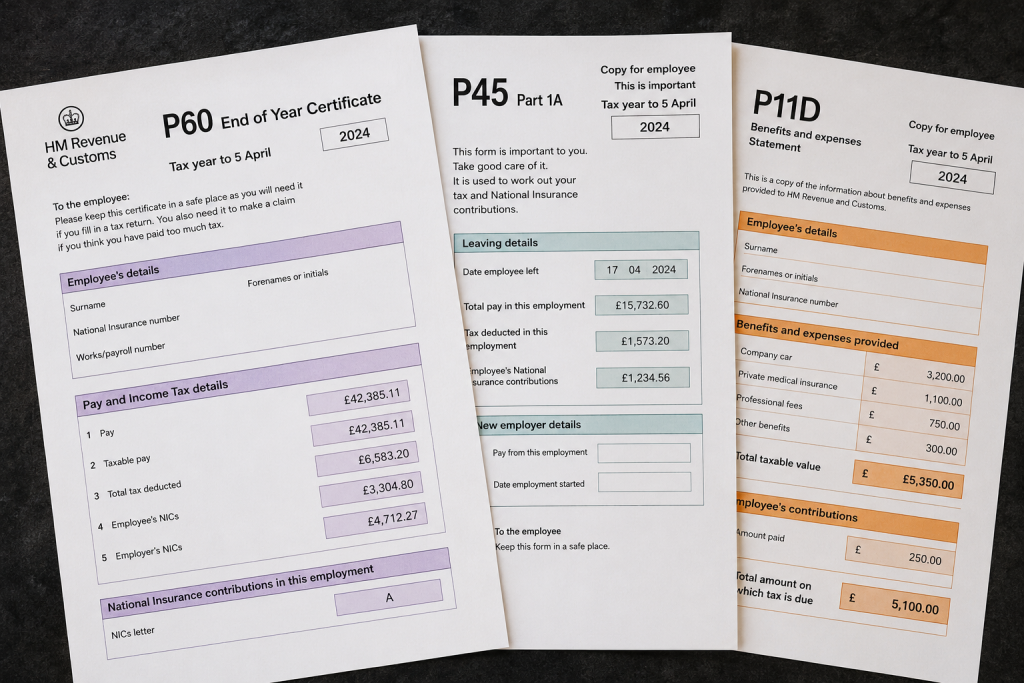 UK tax forms P60, P45 and P11D fanned out showing income records needed for Self Assessment