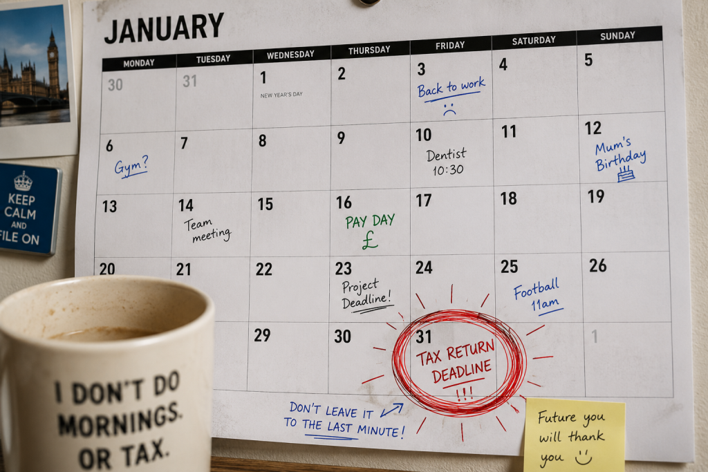 Wall calendar with 31 January circled in red showing UK Self Assessment tax return deadline