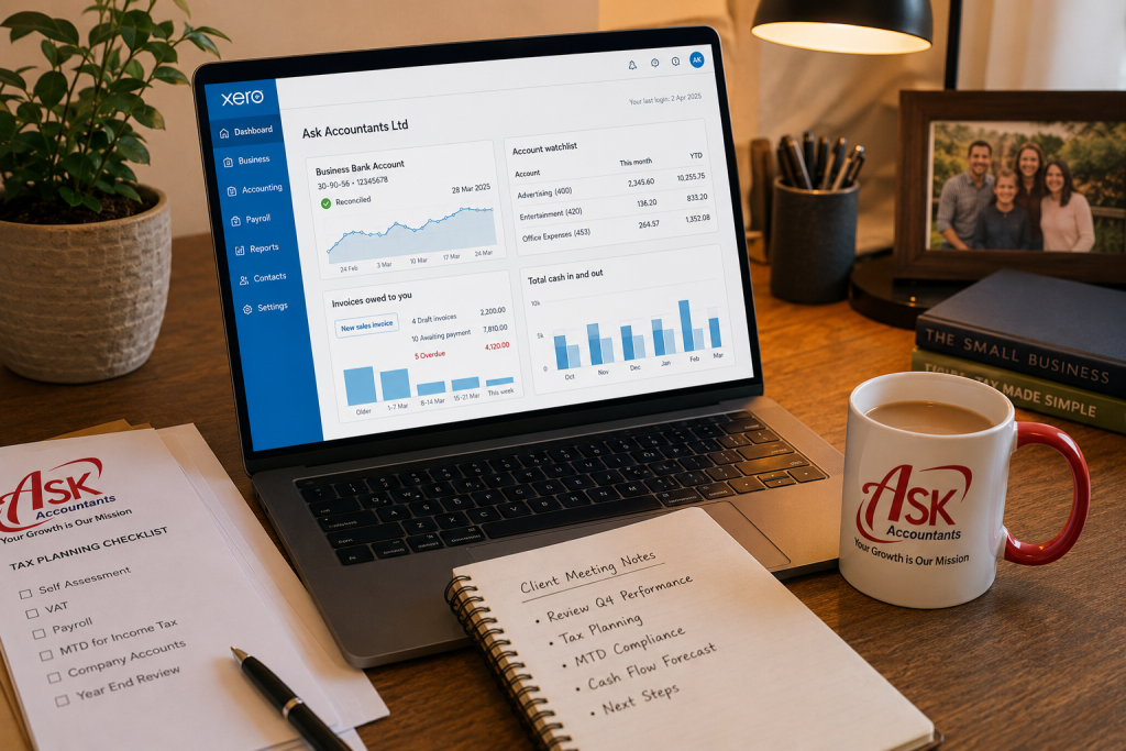 Cloud accounting workspace at Ask Accountants UK Ltd in Wimbledon, helping clients with Making Tax Digital deadline 2026 preparation