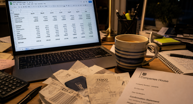Limited company director sorting business expenses on a laptop at home with receipts and HMRC paperwork