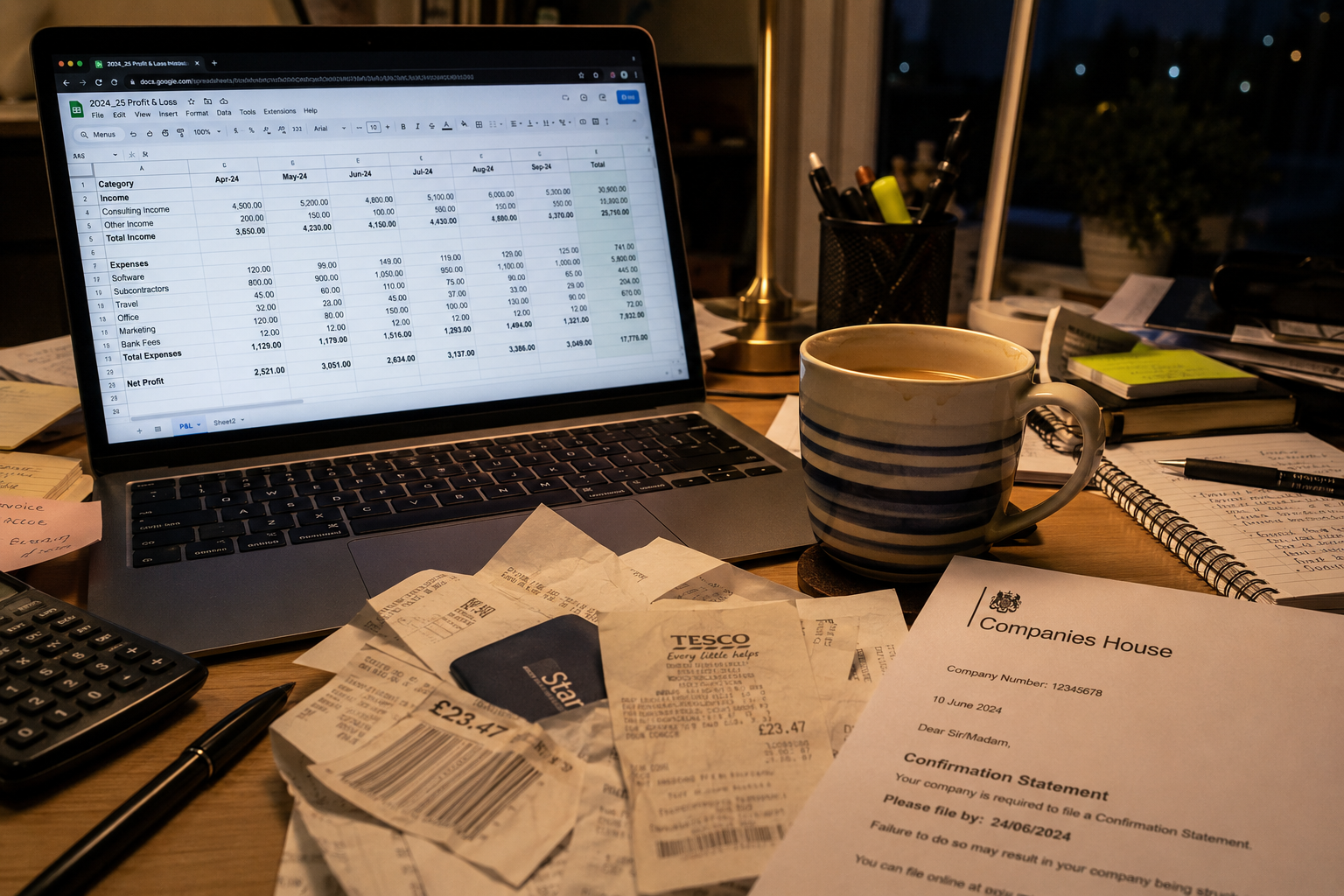 Limited company director sorting business expenses on a laptop at home with receipts and HMRC paperwork