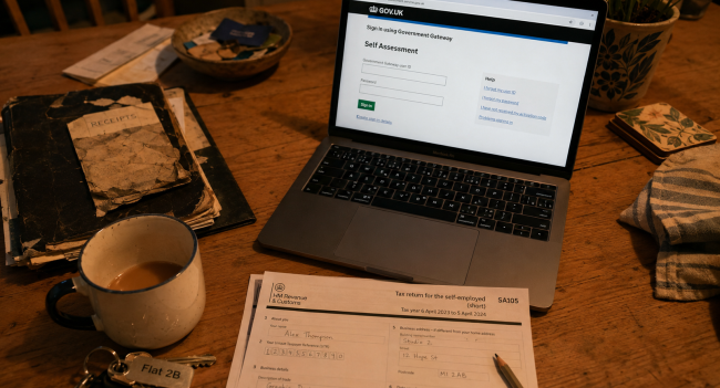 UK landlord completing SA105 form to report rental income to HMRC on laptop with paperwork and keys on table