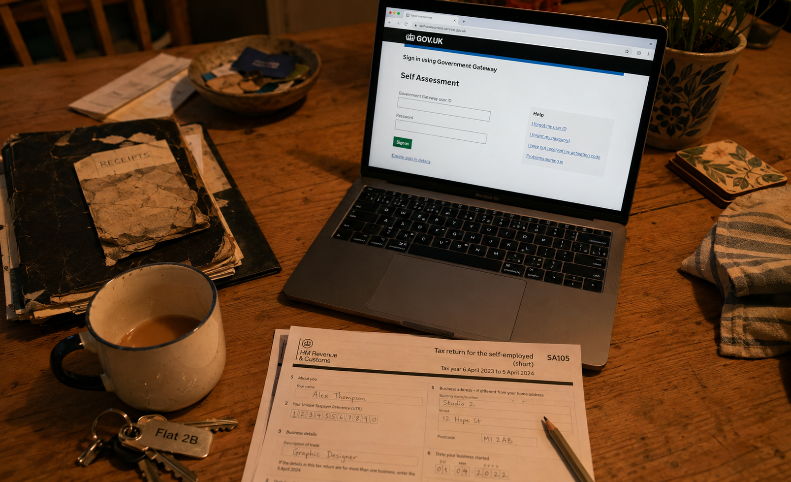 UK landlord completing SA105 form to report rental income to HMRC on laptop with paperwork and keys on table