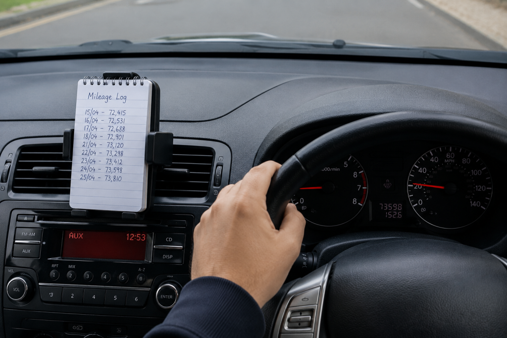 Business mileage log being maintained by UK limited company director travelling to a client meeting
