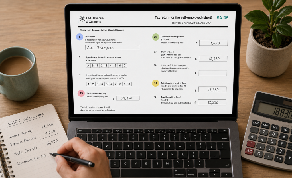 SA105 UK property form on screen showing key boxes for reporting rental income to HMRC including box 5 box 19 and box 31