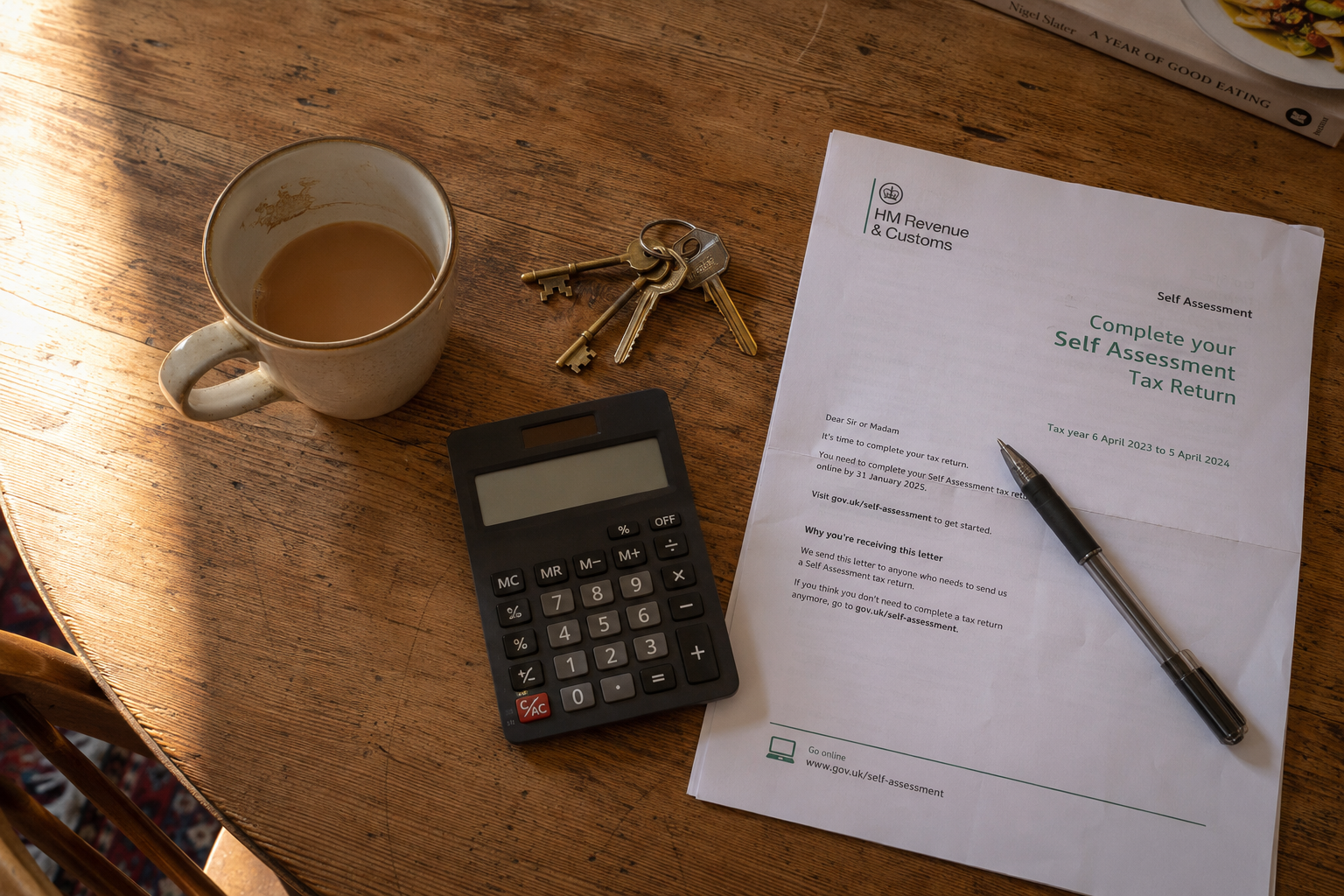 Tax on rental income UK paperwork on kitchen table with HMRC self assessment letter and house keys