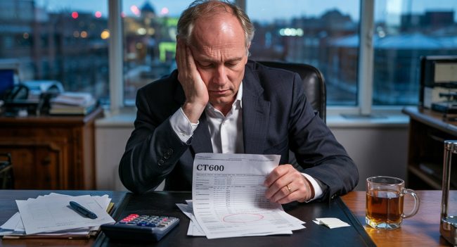 A UK company director at a desk at dawn, staring at a CT600 form with a large figure circled in red pen. Calculator beside the papers, cold tea to the side. Quiet dread. Placed at the very top of the article.