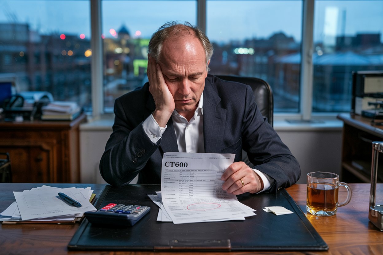 A UK company director at a desk at dawn, staring at a CT600 form with a large figure circled in red pen. Calculator beside the papers, cold tea to the side. Quiet dread. Placed at the very top of the article.
