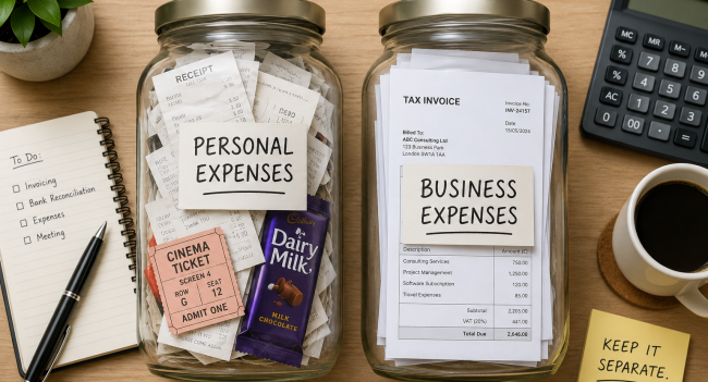 Two labelled jars showing mixed personal and business receipts versus separated business expenses