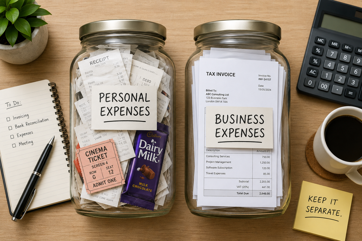 Two labelled jars showing mixed personal and business receipts versus separated business expenses