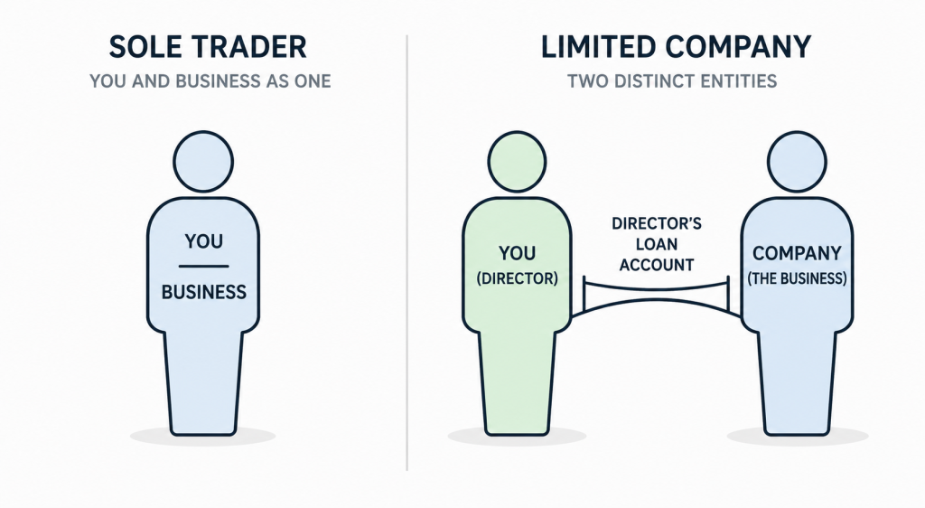 Diagram comparing sole trader single-entity structure with limited company separate legal entity