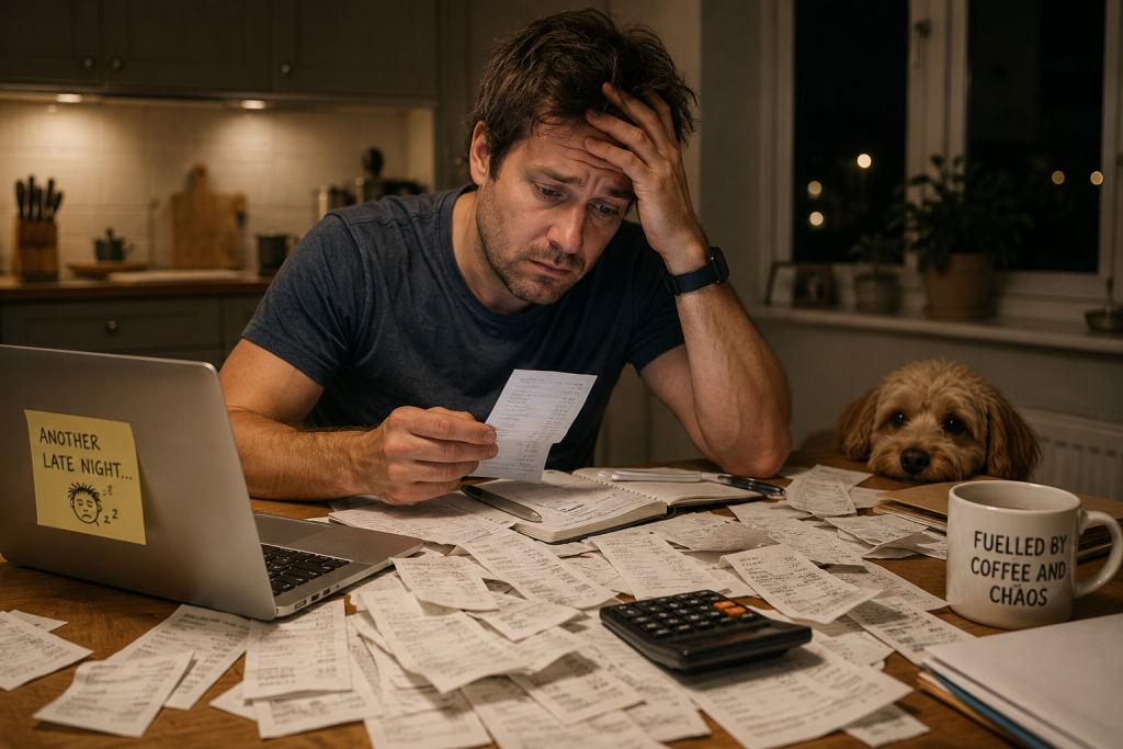 Stressed UK small business owner sorting through mixed personal and business receipts at night