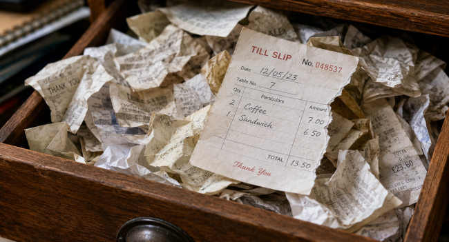 Crumpled UK receipts in a desk drawer illustrating whether you can claim VAT without a receipt