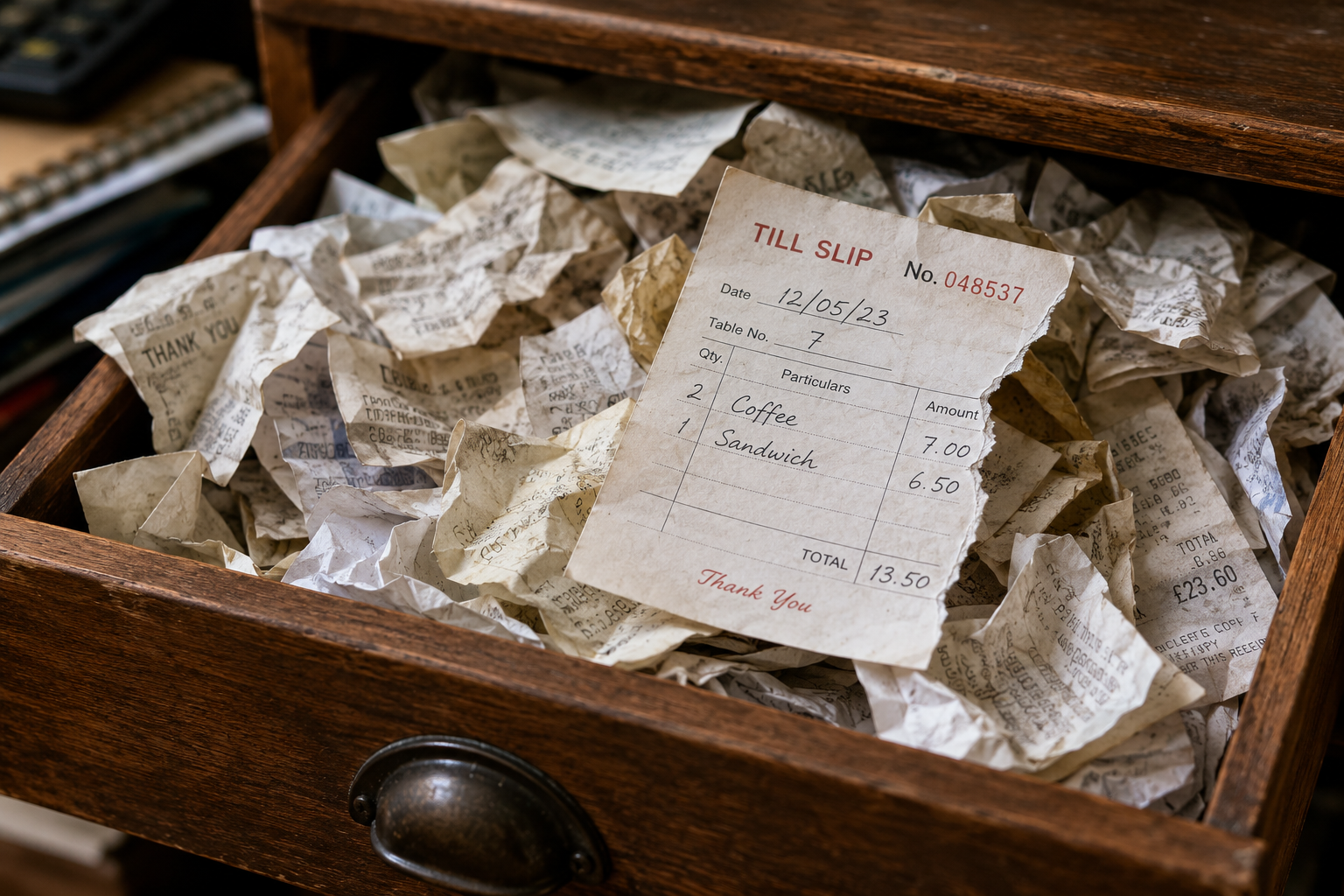 Crumpled UK receipts in a desk drawer illustrating whether you can claim VAT without a receipt