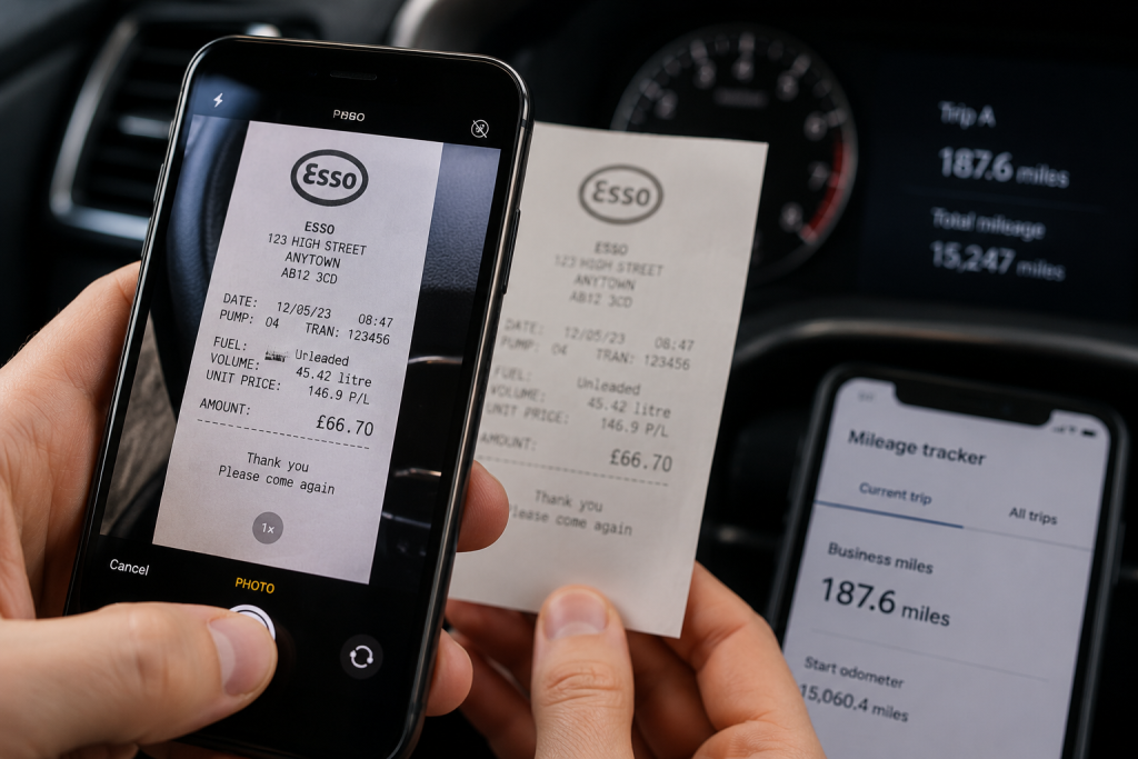 Photographing a fuel receipt on a phone to reclaim VAT on business mileage in the UK
