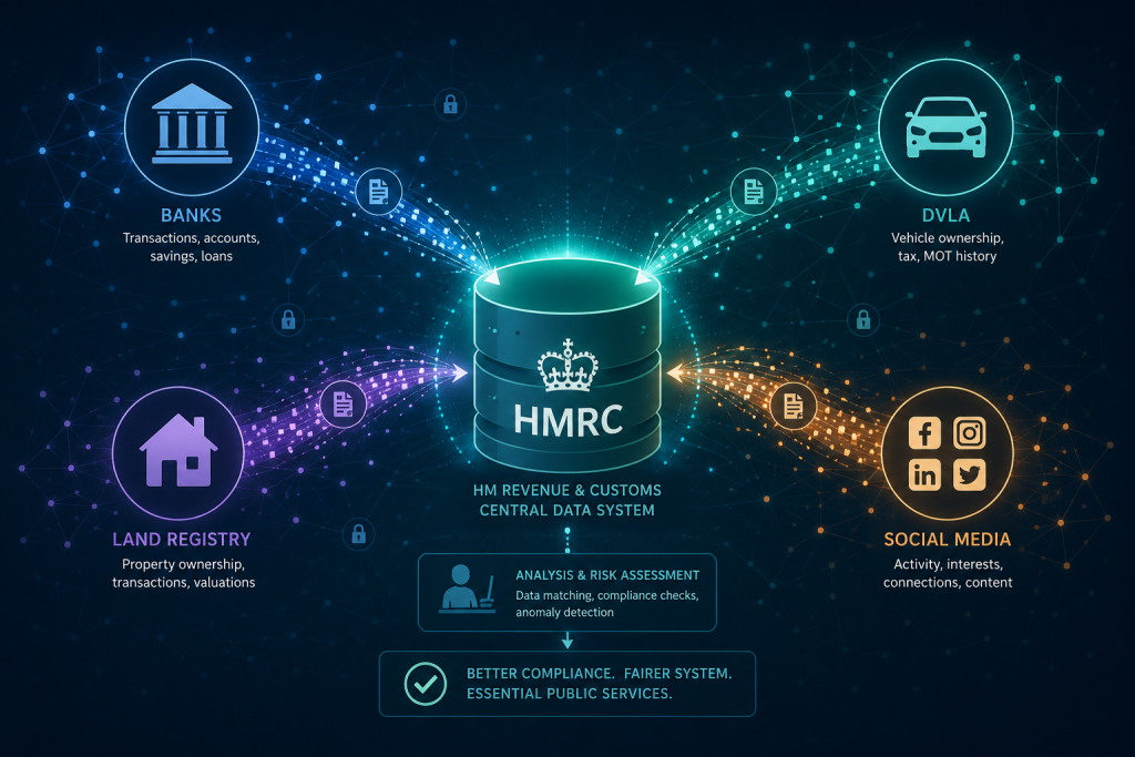 Diagram showing how HMRC's Connect system links bank records, property data, and online marketplace activity to flag tax discrepancies