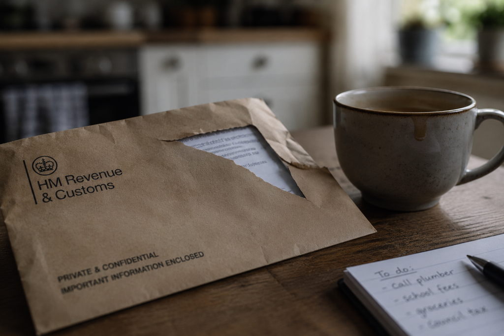 An HMRC enquiry letter sitting on a kitchen table next to a cup of tea, representing the moment a tax investigation begins