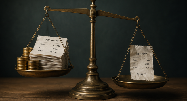 Balanced scales with neat receipts on one side and a single mismatched receipt tipping the balance, symbolising what triggers an HMRC investigation