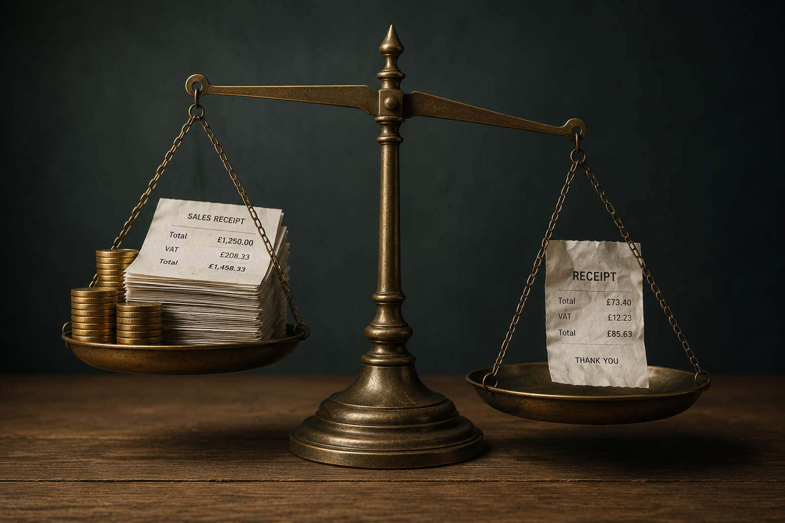 Balanced scales with neat receipts on one side and a single mismatched receipt tipping the balance, symbolising what triggers an HMRC investigation