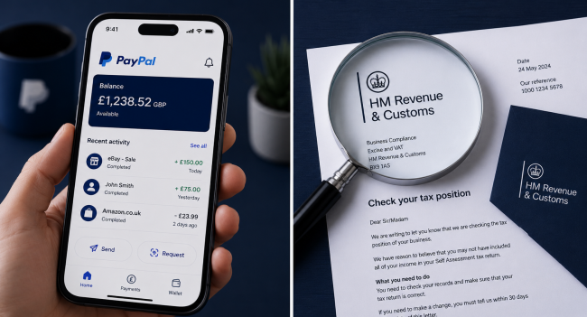 PayPal app on smartphone next to HMRC investigation letter illustrating HMRC's ability to see PayPal transactions in the UK