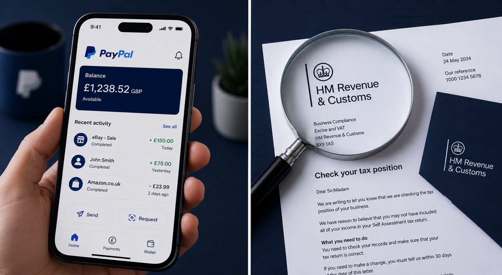 PayPal app on smartphone next to HMRC investigation letter illustrating HMRC's ability to see PayPal transactions in the UK