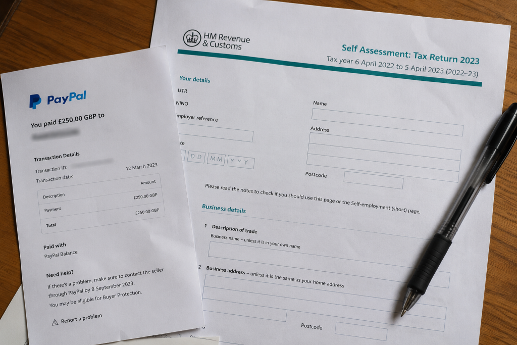 HMRC self-assessment form alongside a PayPal receipt, showing the need to declare PayPal income on UK tax returns