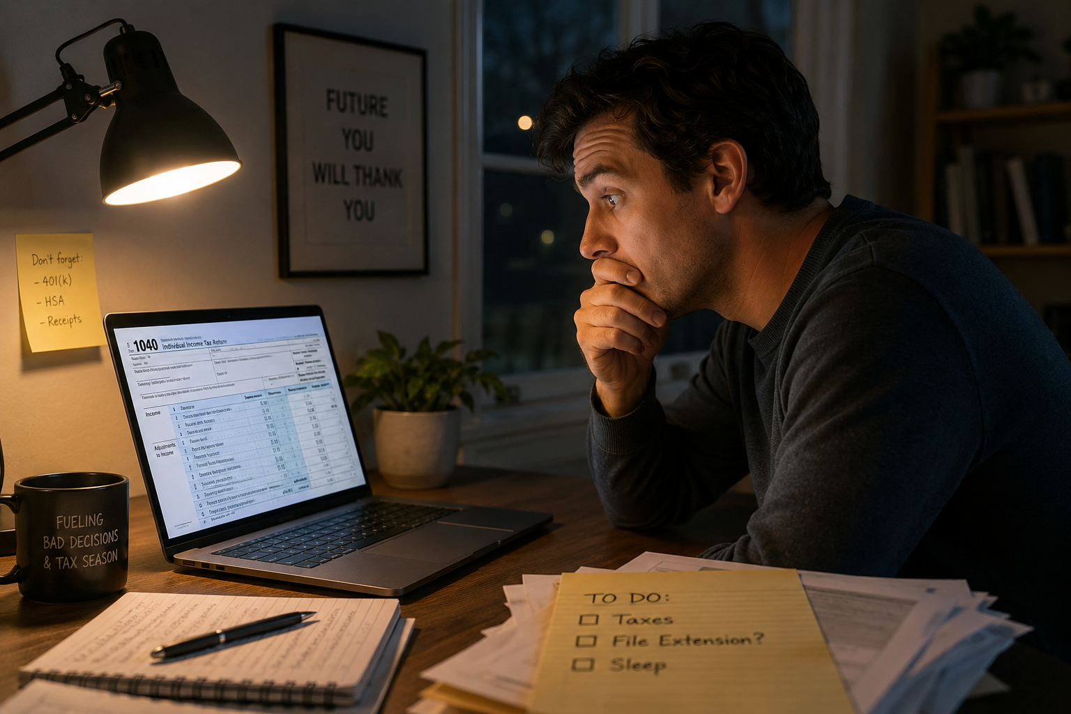 Person at desk realising they need to amend their tax return after submission