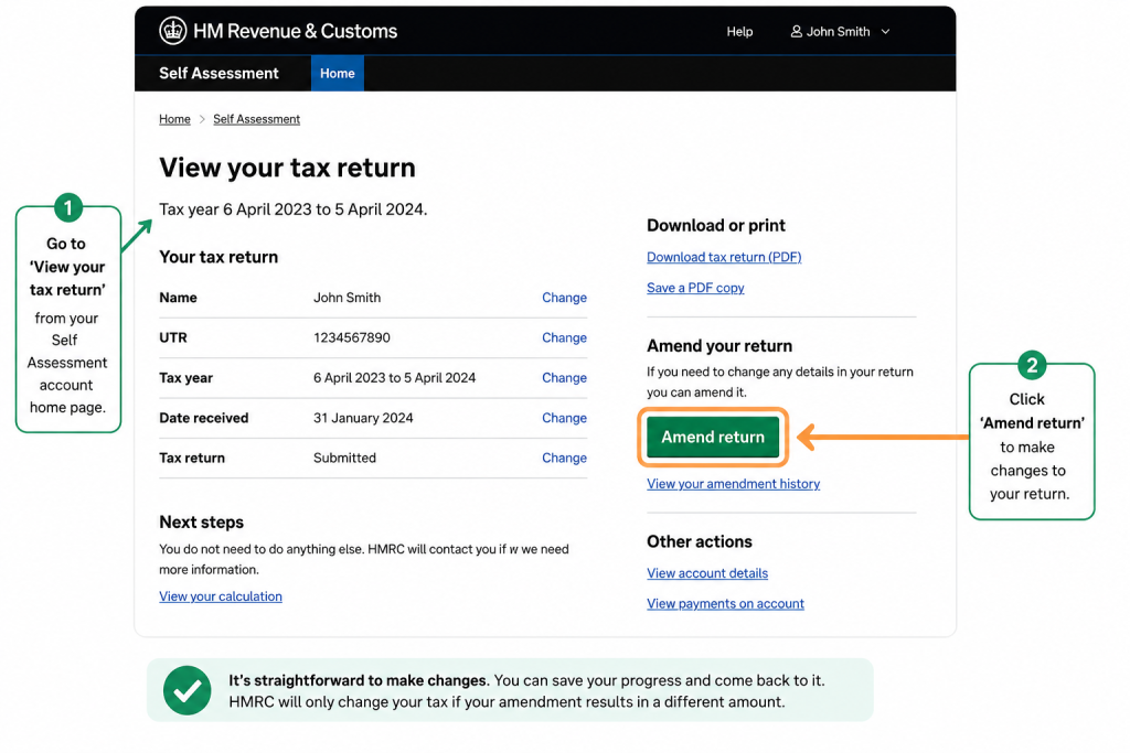 HMRC Self Assessment online account showing how to amend a submitted tax return