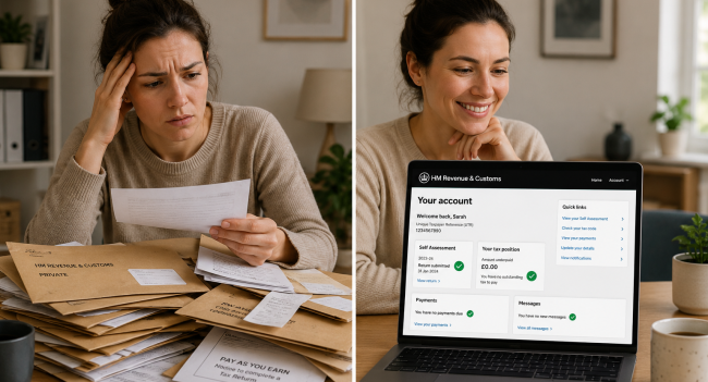 Person managing their HMRC personal tax account online versus paper tax documents