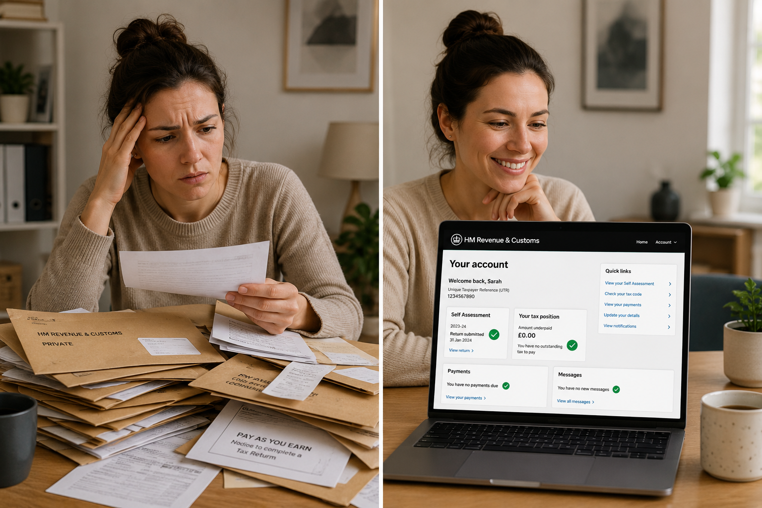 Person managing their HMRC personal tax account online versus paper tax documents