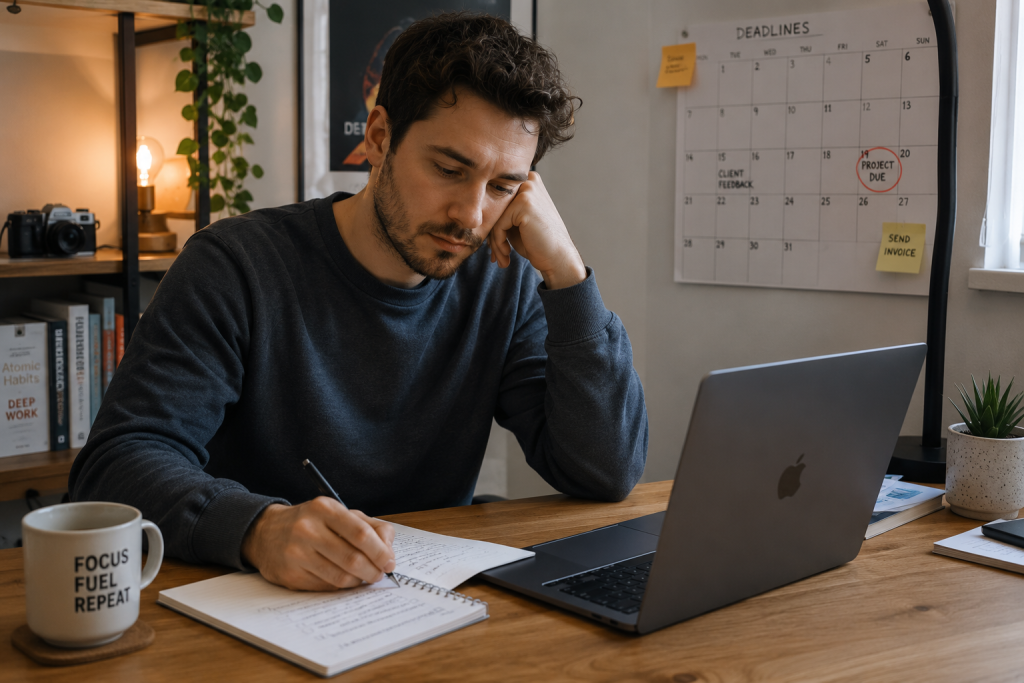 Self-employed person managing tax account and self assessment return at home