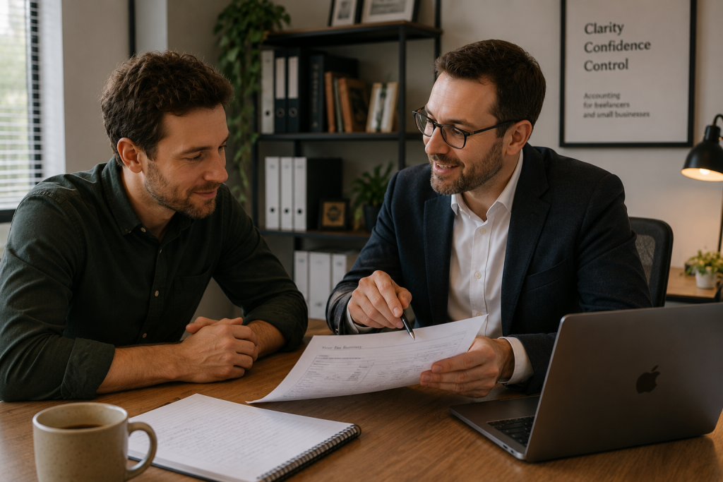 Accountant explaining tax account details to client at desk in London office