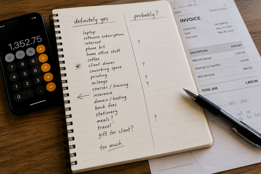 Sole trader handwriting expenses in notebook trying to decide what qualifies for self-employed tax claims