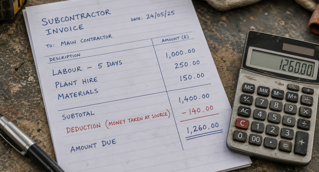 Construction subcontractor invoice on a workbench showing a 20% CIS tax deduction on labour