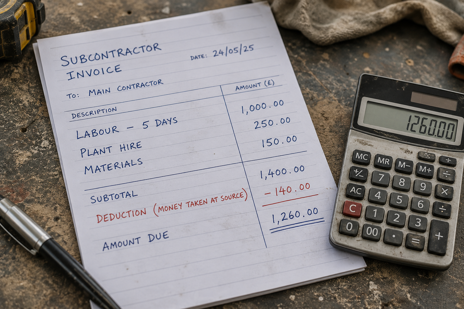 Construction subcontractor invoice on a workbench showing a 20% CIS tax deduction on labour