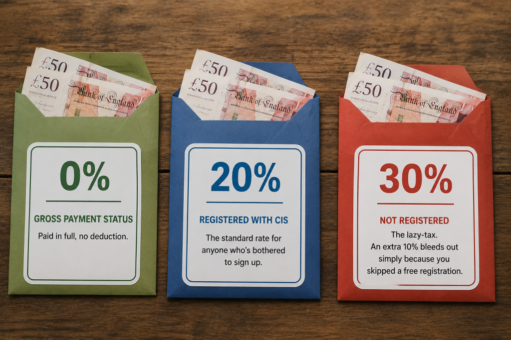 CIS tax deduction rates compared: 0% gross payment status, 20% registered, 30% unregistered subcontractor