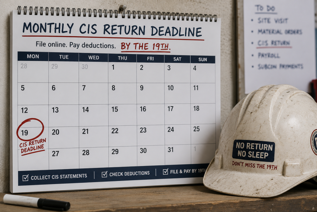 Calendar showing the 19th of the month CIS monthly return filing deadline for contractors
