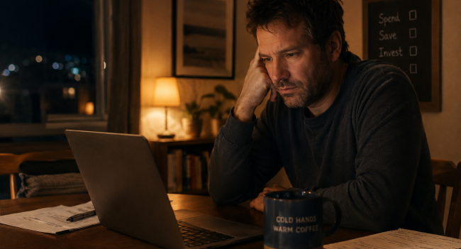 Business owner at a kitchen table at night searching when should I switch accountants on a laptop