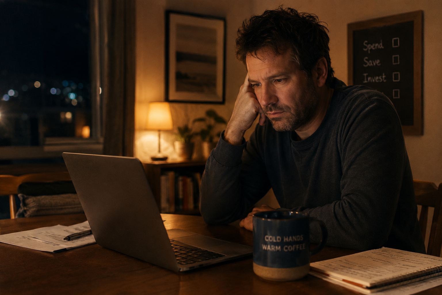Business owner at a kitchen table at night searching when should I switch accountants on a laptop