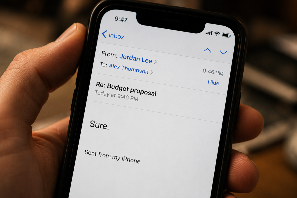 Phone screen showing a curt one-line email reply from an unresponsive accountant