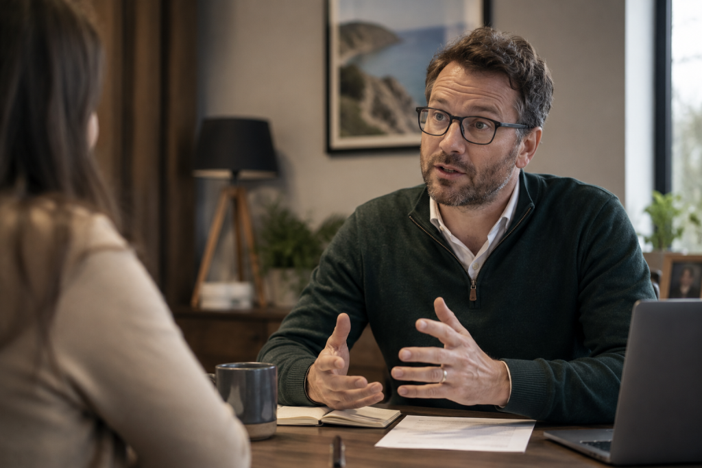 Friendly accountant at a desk in a Wimbledon office ready to help a new client switch