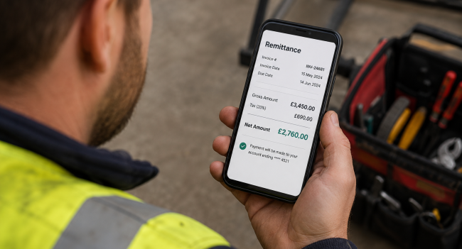 Construction subcontractor reviewing a payment remittance showing CIS tax deducted from the labour total