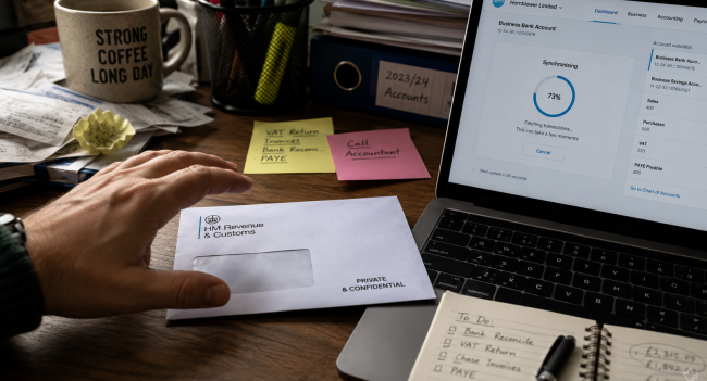 Business owner opening an HMRC letter next to a laptop running MTD VAT-compliant accounting software
