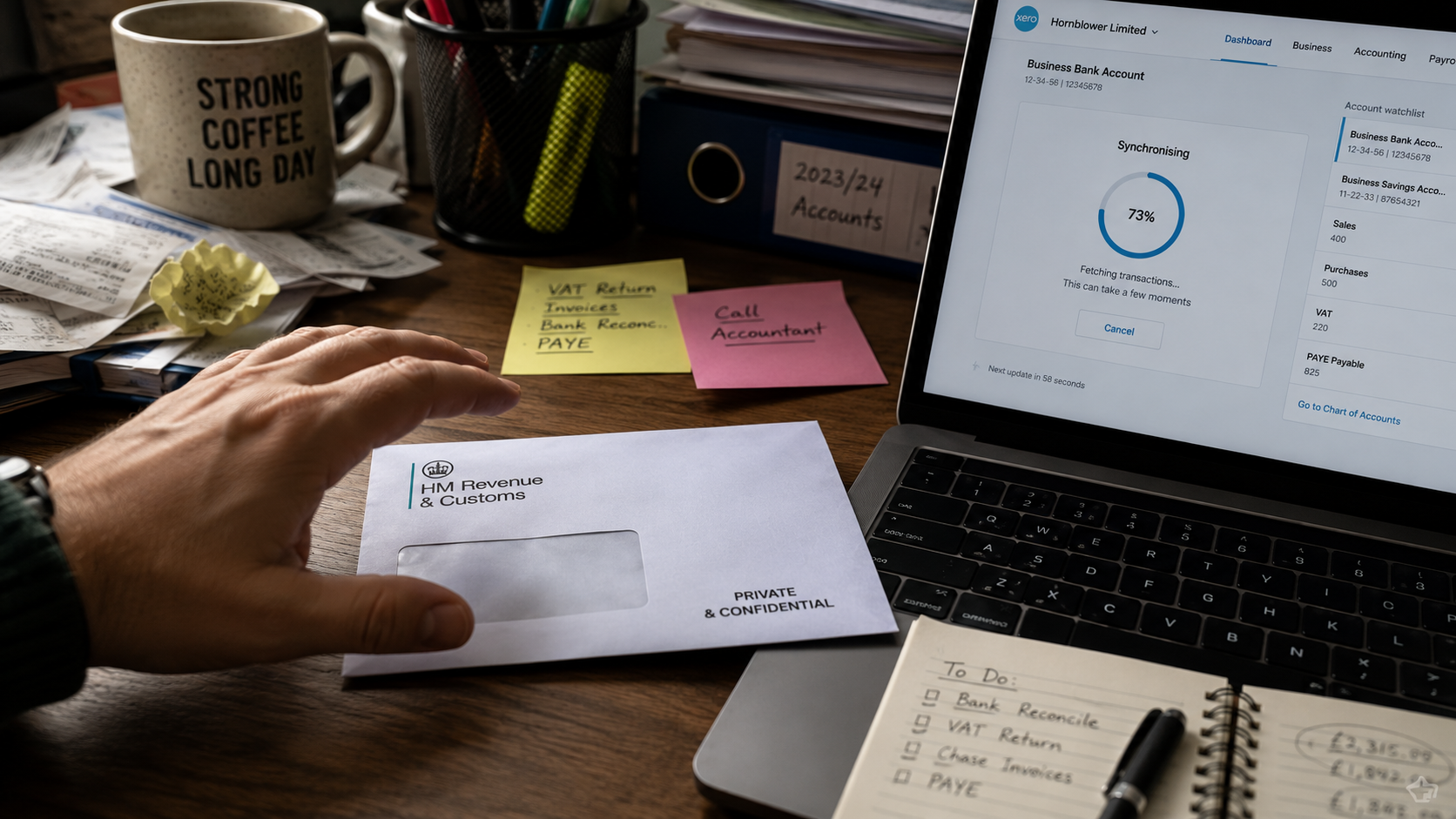 Business owner opening an HMRC letter next to a laptop running MTD VAT-compliant accounting software