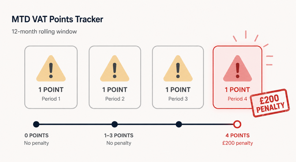 Illustration of HMRC's MTD VAT points-based penalty system reaching the four-point threshold