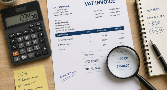 Calculator and VAT invoice on a desk representing a business working out its VAT Flat Rate Scheme percentage
